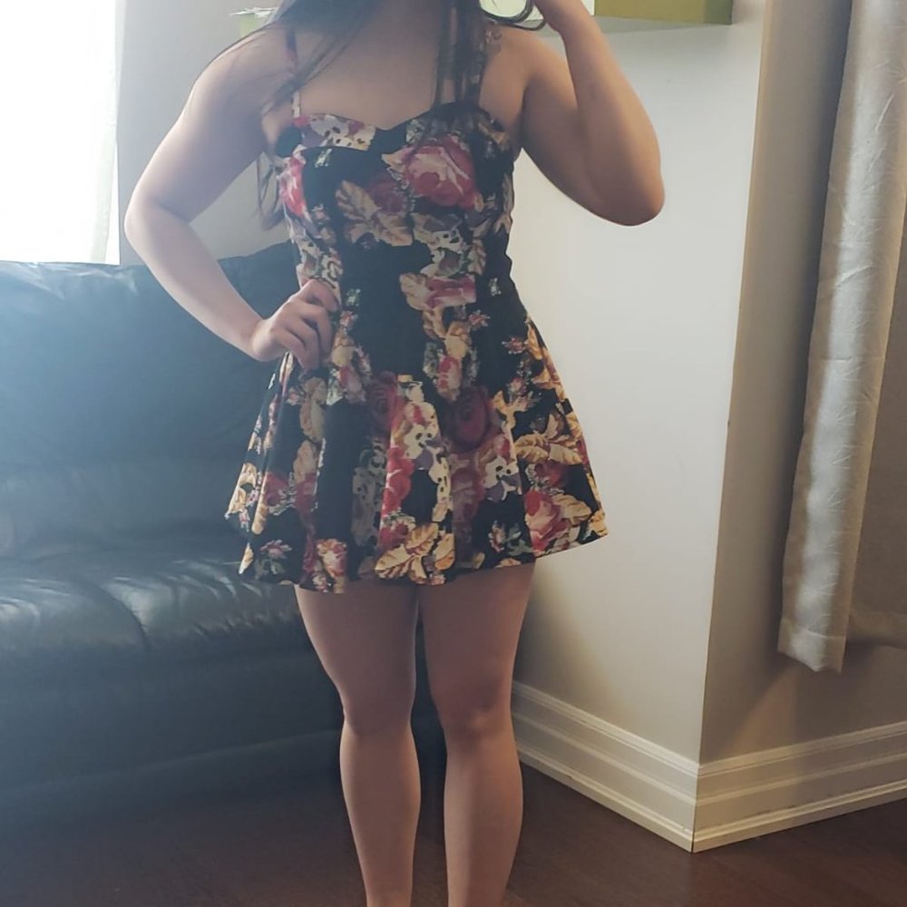 Black Floral Pattern Skater Dress